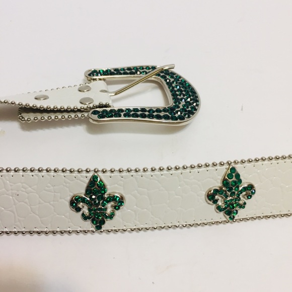 Leather White belt with Green Rhinestones. M - Picture 4 of 6
